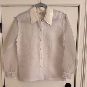Susan Bristol | Vintage 80s White Sheer Blouse Embroidered Button Front Top | 4
